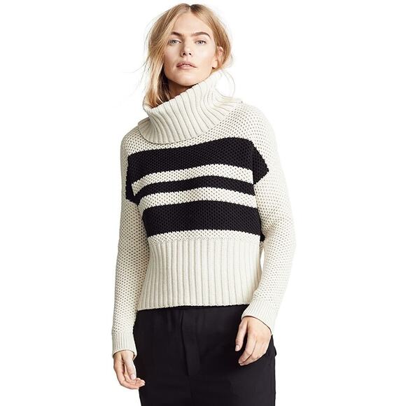 $97 CHASER Los Angeles Striped Turtleneck Sweater NEW Chunky Knit Black Ivory L - Picture 4 of 10